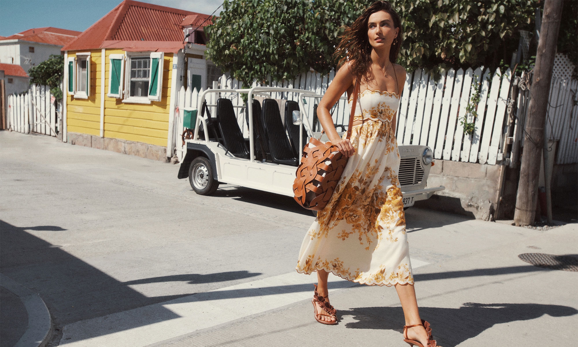 Aliane Scallop Midi Dress, Amber Floral, Ball & Dragonfly Hoop Earrings, T-Bar Necklace, Gold, Skinny Strap Ruffle Heel, Cognac, Leather Link Tote, Tan  