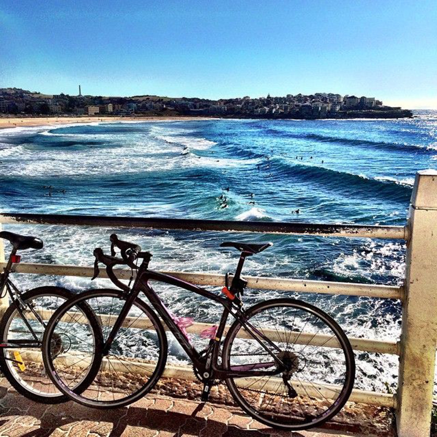 Bikes parked along the railings above Bondi Beach 