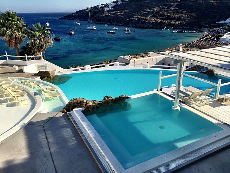 Different shades of blue from the pools, ocean and sky in Mykonos
