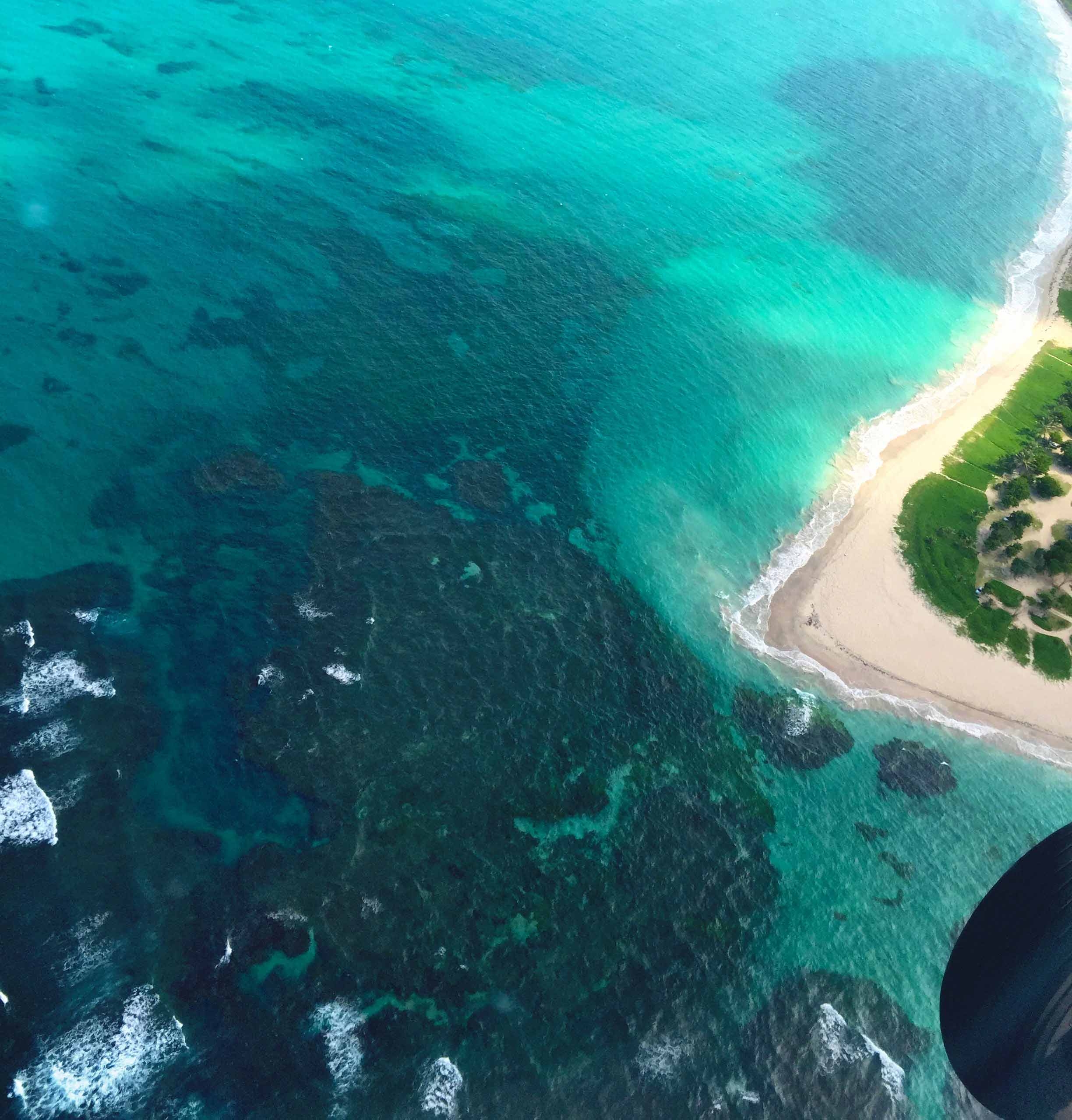 An aerial view of the reef on the coast of Mustique 